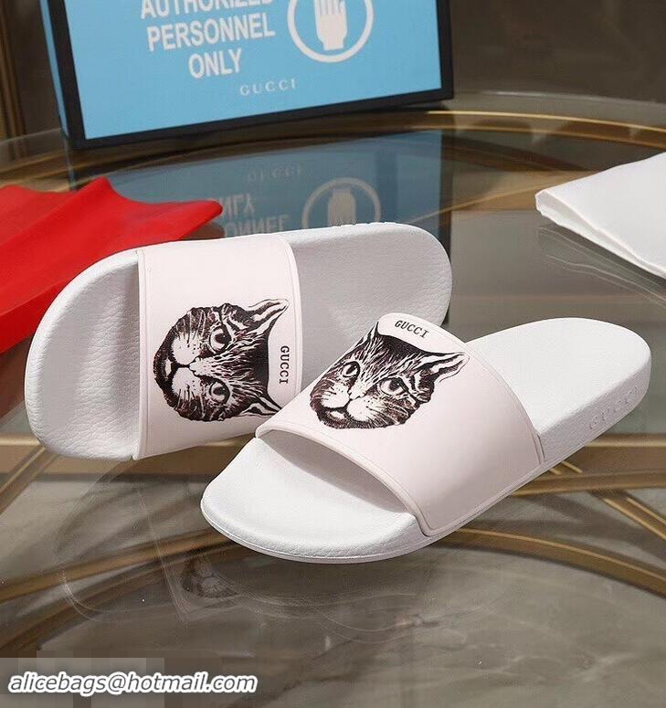 Imitation Bulk Replica Gucci Logo Slide Sandals Cat G96601 White 2019