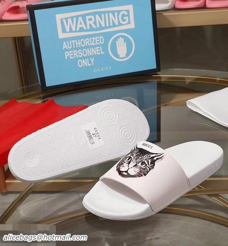 Imitation Bulk Replica Gucci Logo Slide Sandals Cat G96601 White 2019