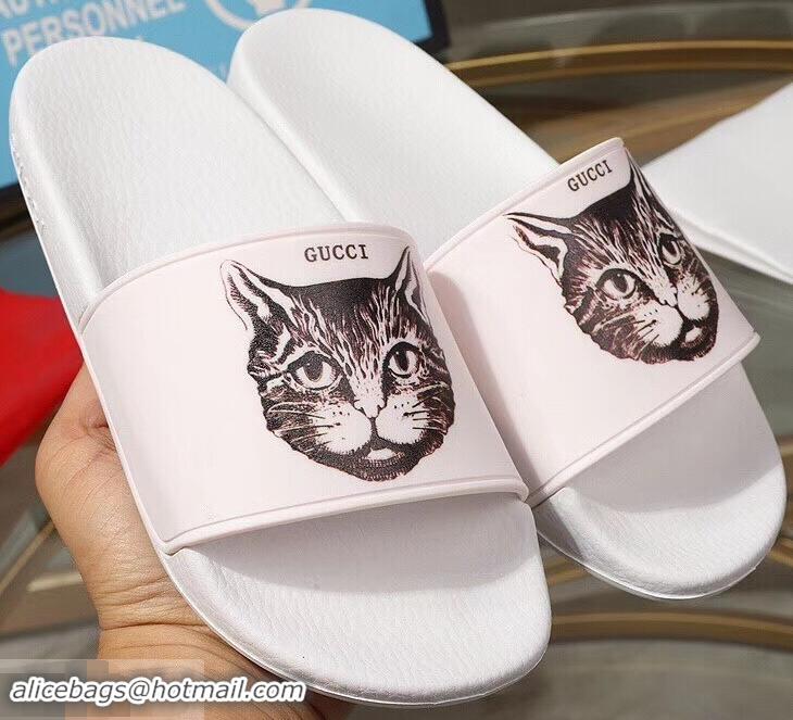 Imitation Bulk Replica Gucci Logo Slide Sandals Cat G96601 White 2019