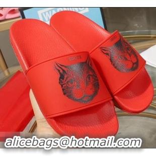 Wholesale Imitation Replica Gucci Logo Slide Sandals Cat G96601 Red 2019