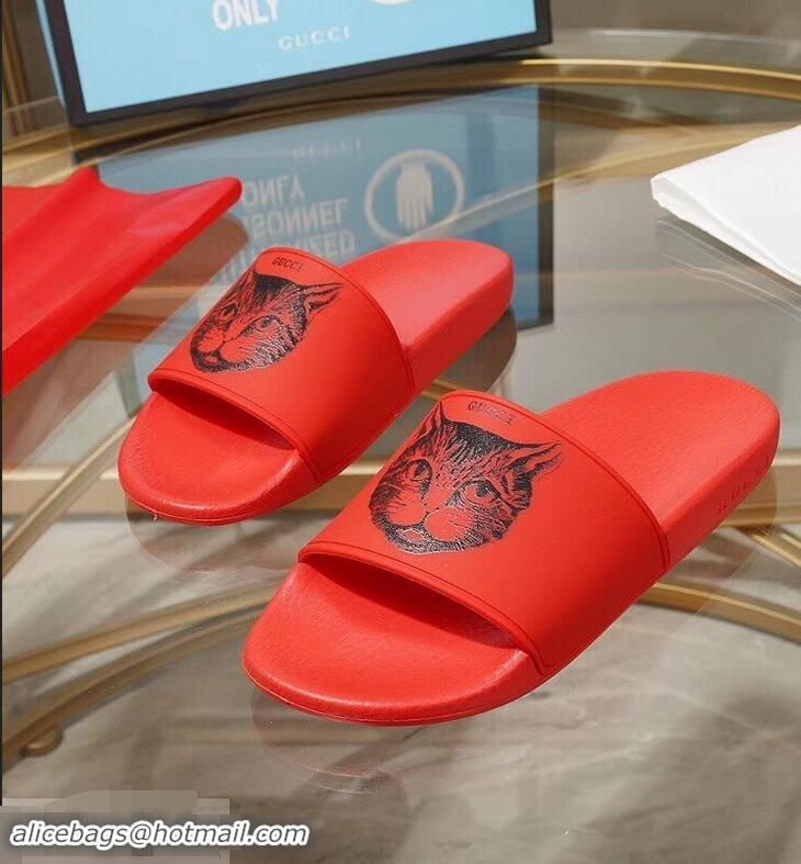 Wholesale Imitation Replica Gucci Logo Slide Sandals Cat G96601 Red 2019