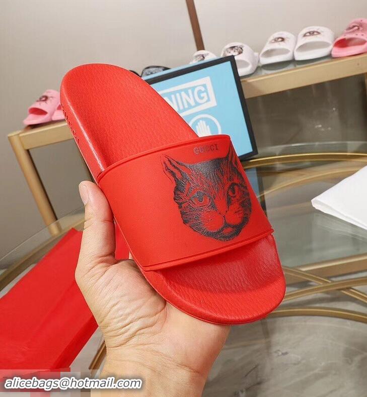 Wholesale Imitation Replica Gucci Logo Slide Sandals Cat G96601 Red 2019