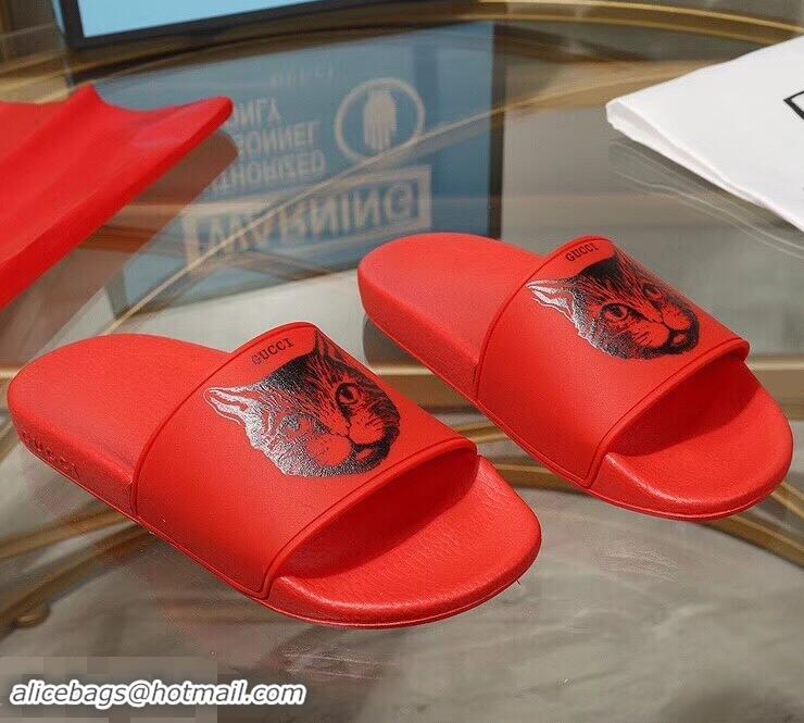 Wholesale Imitation Replica Gucci Logo Slide Sandals Cat G96601 Red 2019