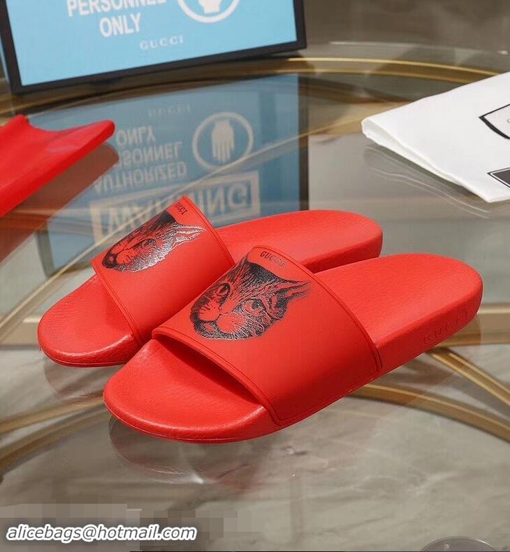 Wholesale Imitation Replica Gucci Logo Slide Sandals Cat G96601 Red 2019