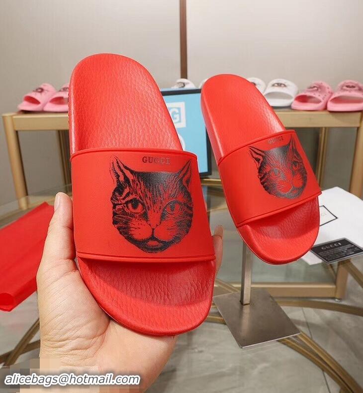 Wholesale Imitation Replica Gucci Logo Slide Sandals Cat G96601 Red 2019