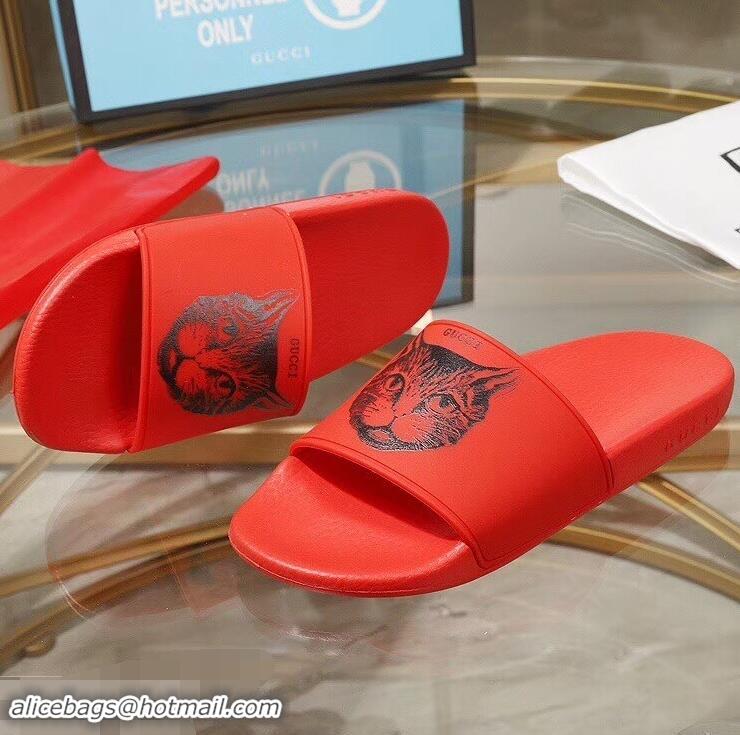 Wholesale Imitation Replica Gucci Logo Slide Sandals Cat G96601 Red 2019