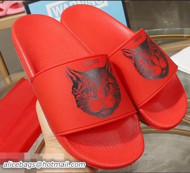 Wholesale Imitation Replica Gucci Logo Slide Sandals Cat G96601 Red 2019