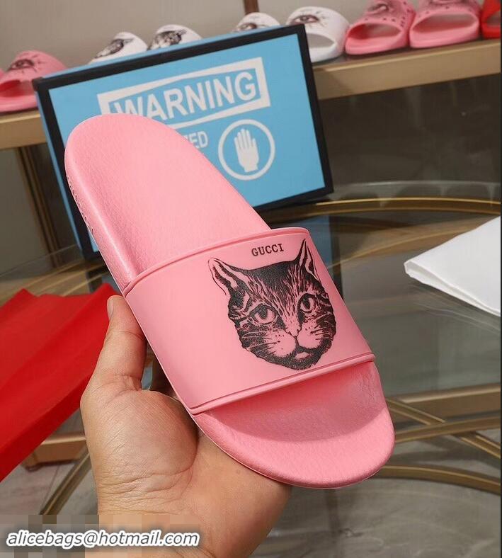 Classic Cheap Replica Gucci Logo Slide Sandals Cat G96601 Pink 2019