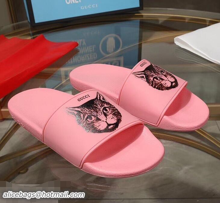 Classic Cheap Replica Gucci Logo Slide Sandals Cat G96601 Pink 2019