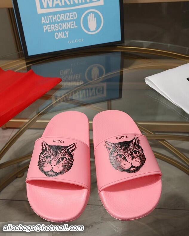 Classic Cheap Replica Gucci Logo Slide Sandals Cat G96601 Pink 2019