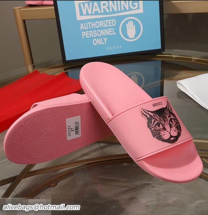 Classic Cheap Replica Gucci Logo Slide Sandals Cat G96601 Pink 2019