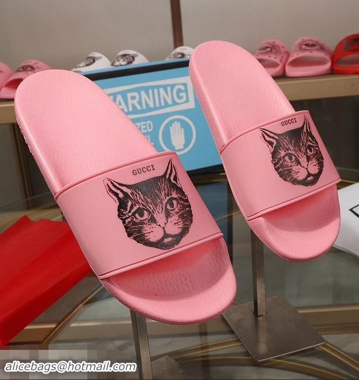 Classic Cheap Replica Gucci Logo Slide Sandals Cat G96601 Pink 2019