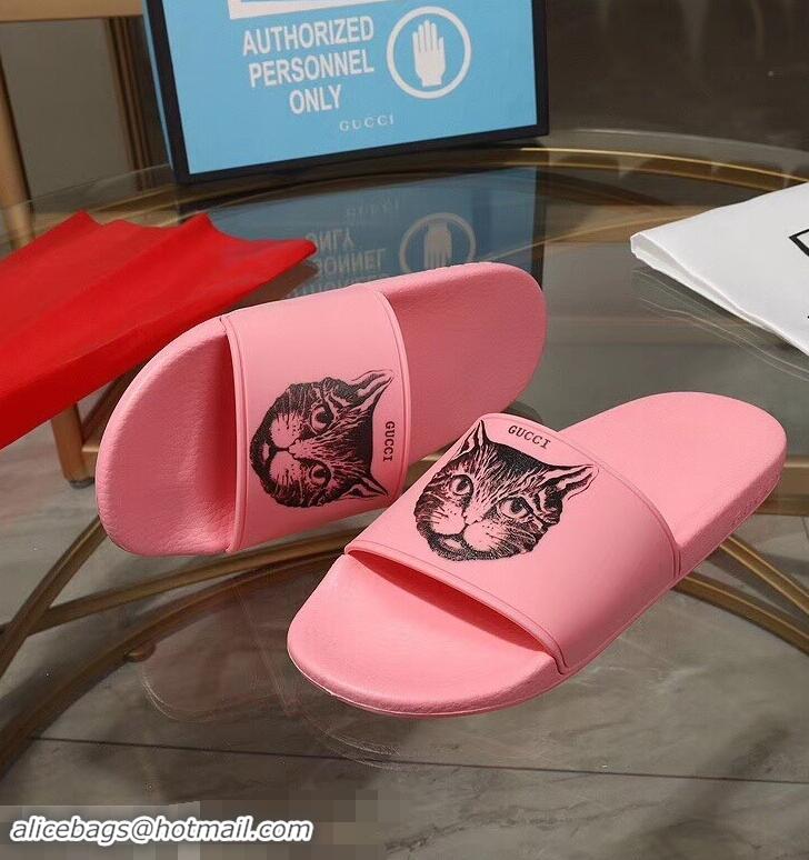 Classic Cheap Replica Gucci Logo Slide Sandals Cat G96601 Pink 2019