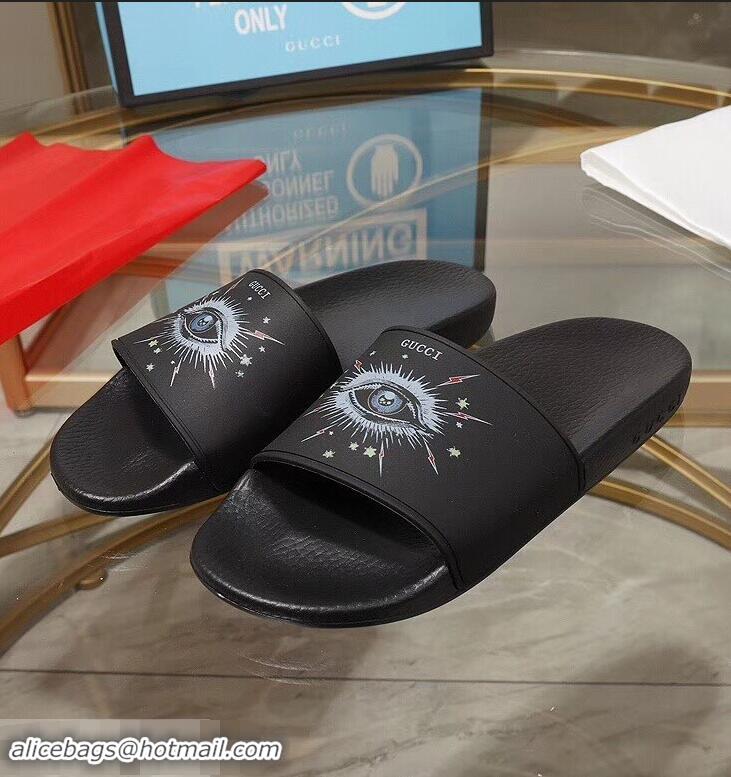 Best Quality Gucci Logo Slide Sandals Eye G96605 Black 2019