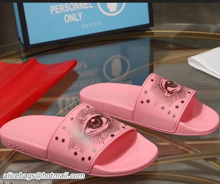 Hot Sale Discount Gucci Logo Slide Sandals Eye Stars G96609 Pink 2019