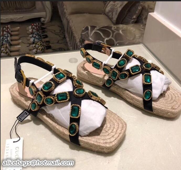 Grade Discount Gucci Grosgrain Espadrilles Sandals with Crystals 573024 Green 2019