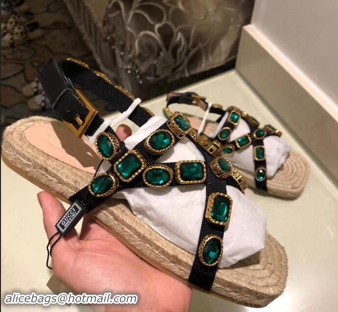 Grade Discount Gucci Grosgrain Espadrilles Sandals with Crystals 573024 Green 2019