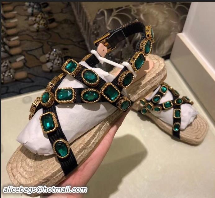 Grade Discount Gucci Grosgrain Espadrilles Sandals with Crystals 573024 Green 2019