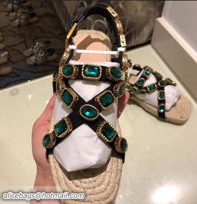 Grade Discount Gucci Grosgrain Espadrilles Sandals with Crystals 573024 Green 2019