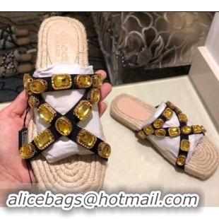 New Design Gucci Grosgrain Espadrilles Slide Sandals with Crystals G96606 Gold 2019