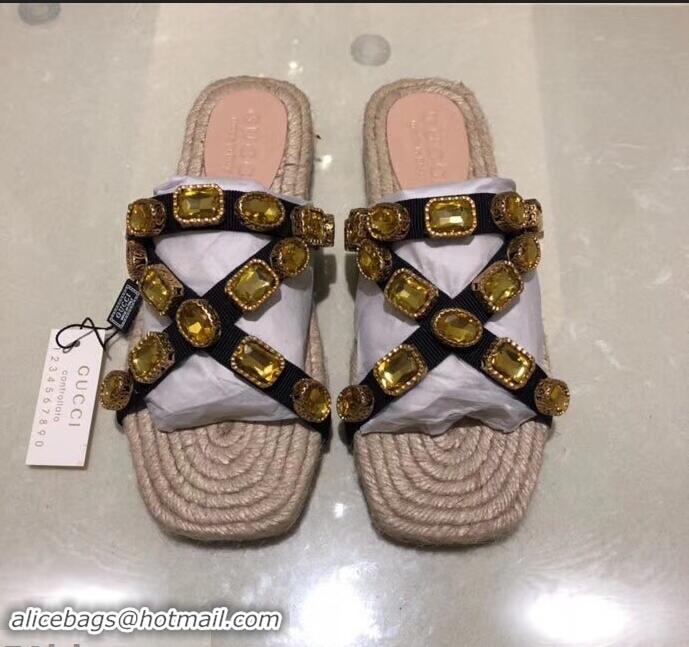 New Design Gucci Grosgrain Espadrilles Slide Sandals with Crystals G96606 Gold 2019