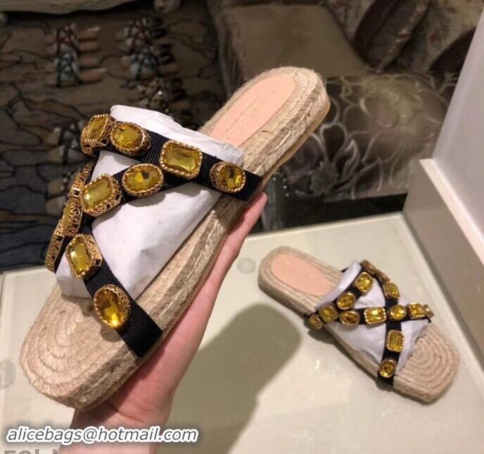 New Design Gucci Grosgrain Espadrilles Slide Sandals with Crystals G96606 Gold 2019