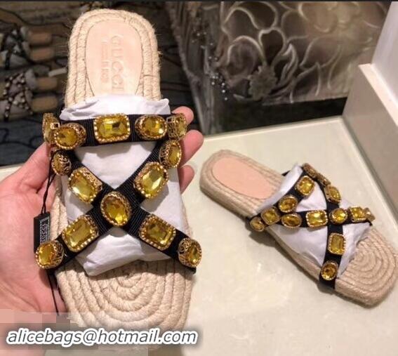 New Design Gucci Grosgrain Espadrilles Slide Sandals with Crystals G96606 Gold 2019