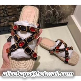 Top Quality Gucci Grosgrain Espadrilles Slide Sandals with Crystals G96606 Red 2019