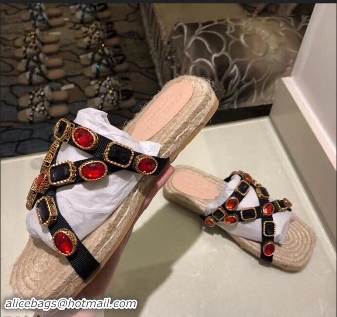 Top Quality Gucci Grosgrain Espadrilles Slide Sandals with Crystals G96606 Red 2019