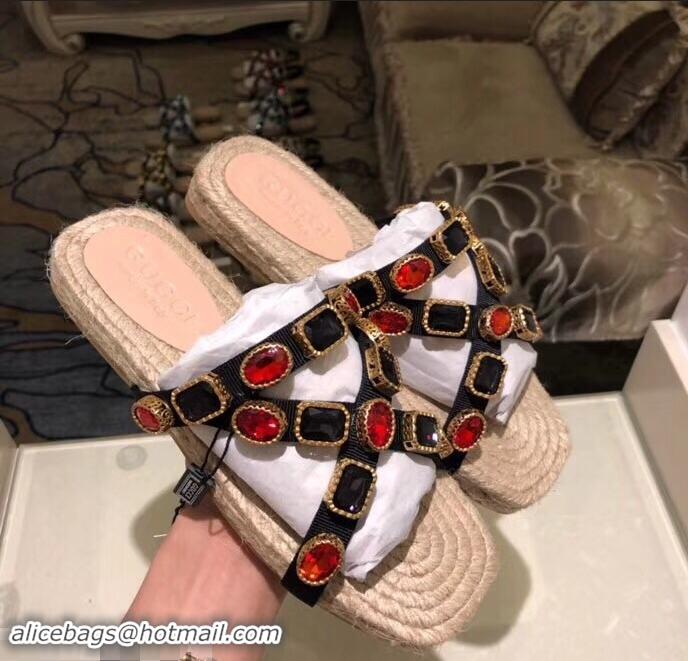 Top Quality Gucci Grosgrain Espadrilles Slide Sandals with Crystals G96606 Red 2019