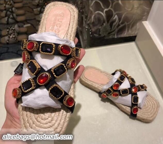 Top Quality Gucci Grosgrain Espadrilles Slide Sandals with Crystals G96606 Red 2019