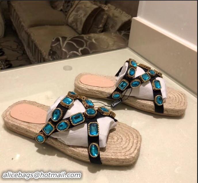 Replicas Gucci Grosgrain Espadrilles Slide Sandals with Crystals G96606 Blue 2019