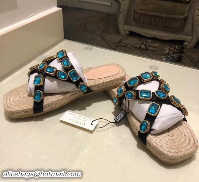 Replicas Gucci Grosgrain Espadrilles Slide Sandals with Crystals G96606 Blue 2019