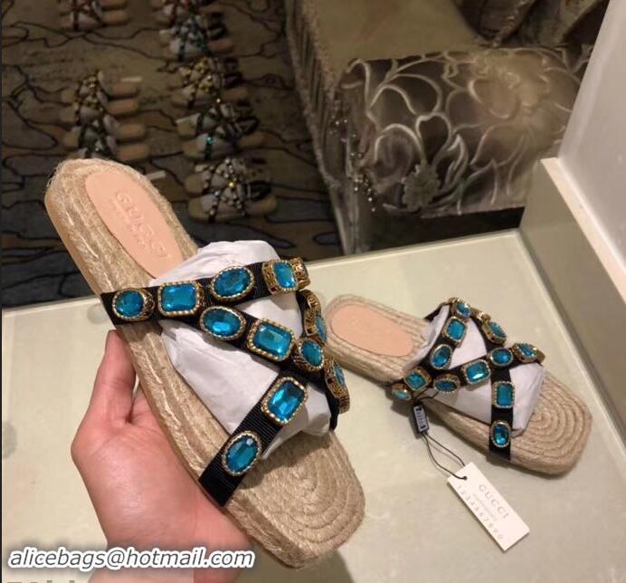 Replicas Gucci Grosgrain Espadrilles Slide Sandals with Crystals G96606 Blue 2019