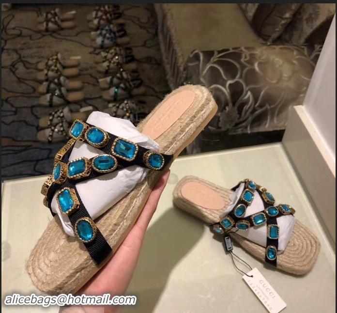 Replicas Gucci Grosgrain Espadrilles Slide Sandals with Crystals G96606 Blue 2019