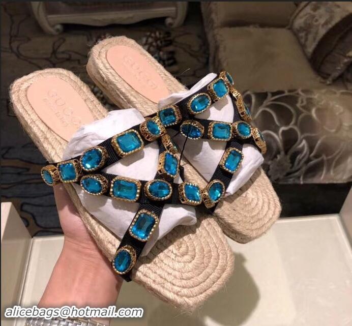 Replicas Gucci Grosgrain Espadrilles Slide Sandals with Crystals G96606 Blue 2019