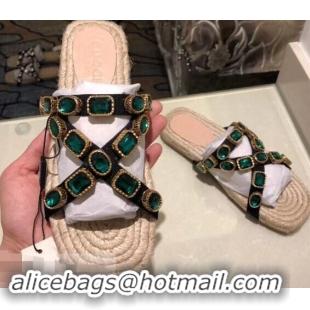 New Product Gucci Grosgrain Espadrilles Slide Sandals with Crystals G96606 Green 2019