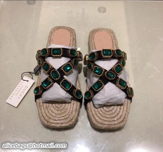 New Product Gucci Grosgrain Espadrilles Slide Sandals with Crystals G96606 Green 2019