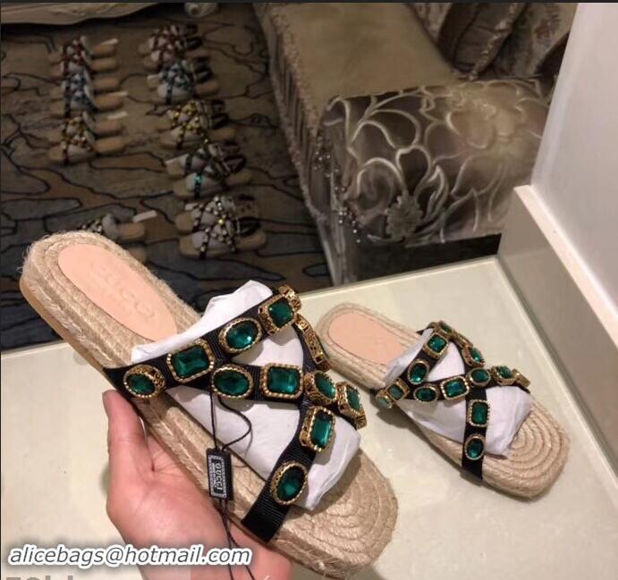 New Product Gucci Grosgrain Espadrilles Slide Sandals with Crystals G96606 Green 2019