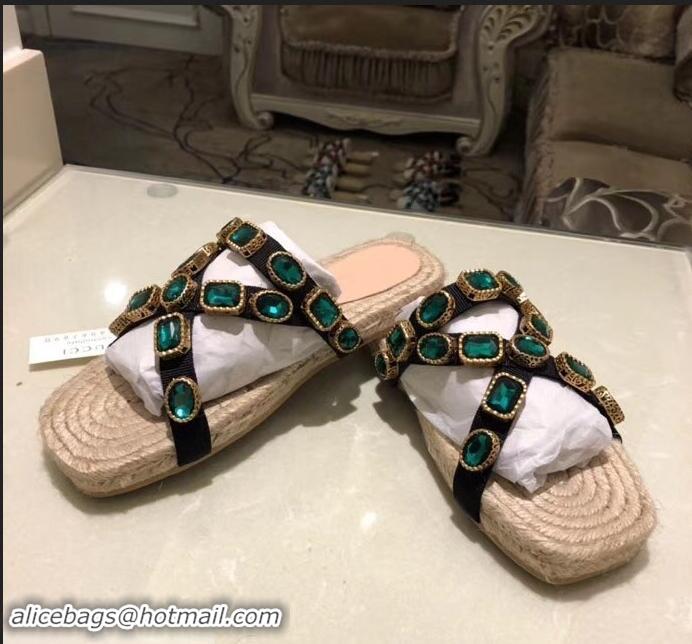 New Product Gucci Grosgrain Espadrilles Slide Sandals with Crystals G96606 Green 2019