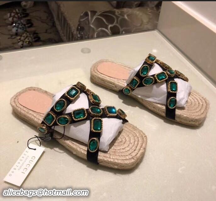 New Product Gucci Grosgrain Espadrilles Slide Sandals with Crystals G96606 Green 2019