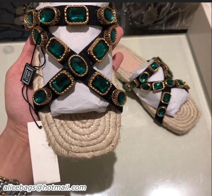 New Product Gucci Grosgrain Espadrilles Slide Sandals with Crystals G96606 Green 2019