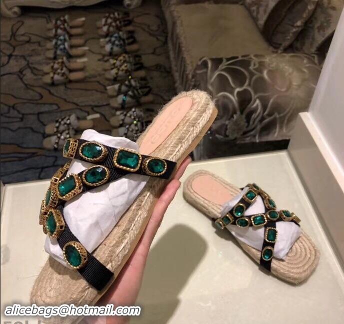 New Product Gucci Grosgrain Espadrilles Slide Sandals with Crystals G96606 Green 2019