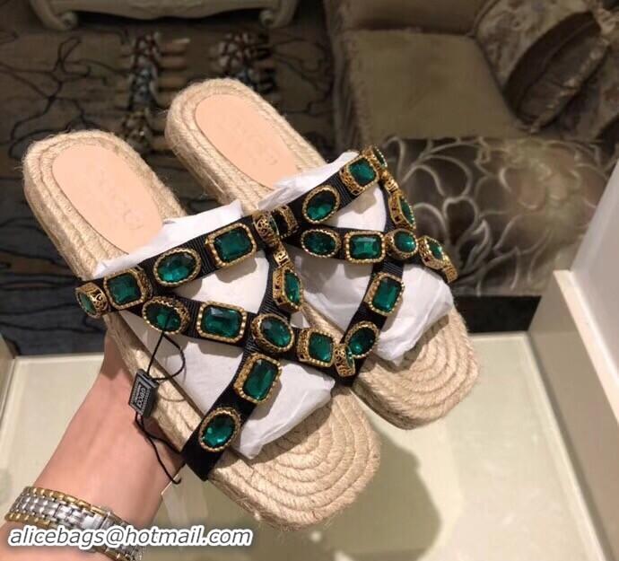 New Product Gucci Grosgrain Espadrilles Slide Sandals with Crystals G96606 Green 2019