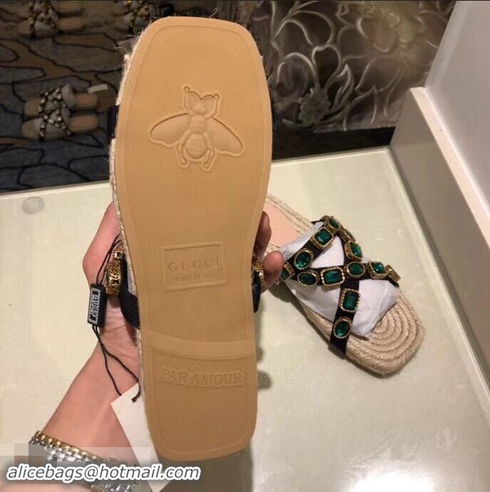 New Product Gucci Grosgrain Espadrilles Slide Sandals with Crystals G96606 Green 2019