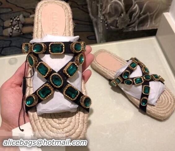 New Product Gucci Grosgrain Espadrilles Slide Sandals with Crystals G96606 Green 2019