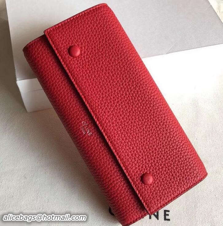 Top Design Celine Grained Leather Large Flap Multifunction Wallet 600912 Red