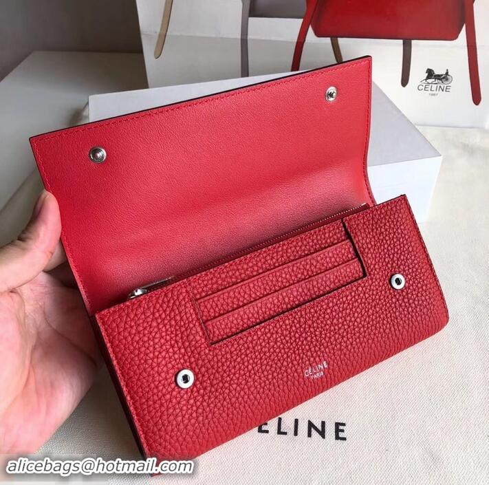 Top Design Celine Grained Leather Large Flap Multifunction Wallet 600912 Red