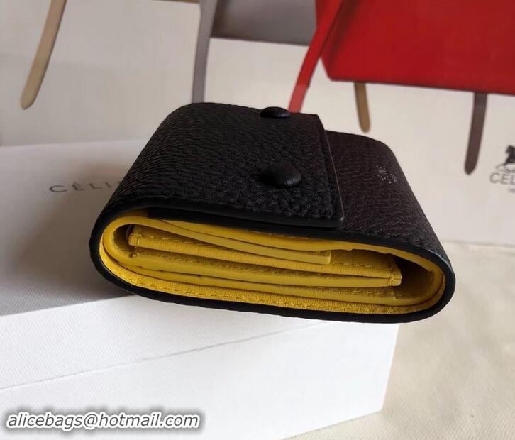 Classic Practical Celine Grained Leather Small Flap Folded Multifunction Wallet 600914 Black/Yellow