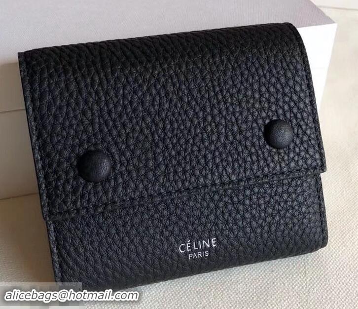 Classic Practical Celine Grained Leather Small Flap Folded Multifunction Wallet 600914 Black/Yellow